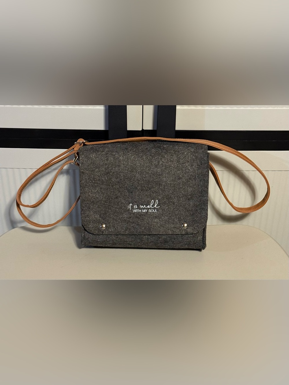 Gray Felt Crossbody Bag with Tan Strap - 'It Is Well with My Soul’ Embroidered